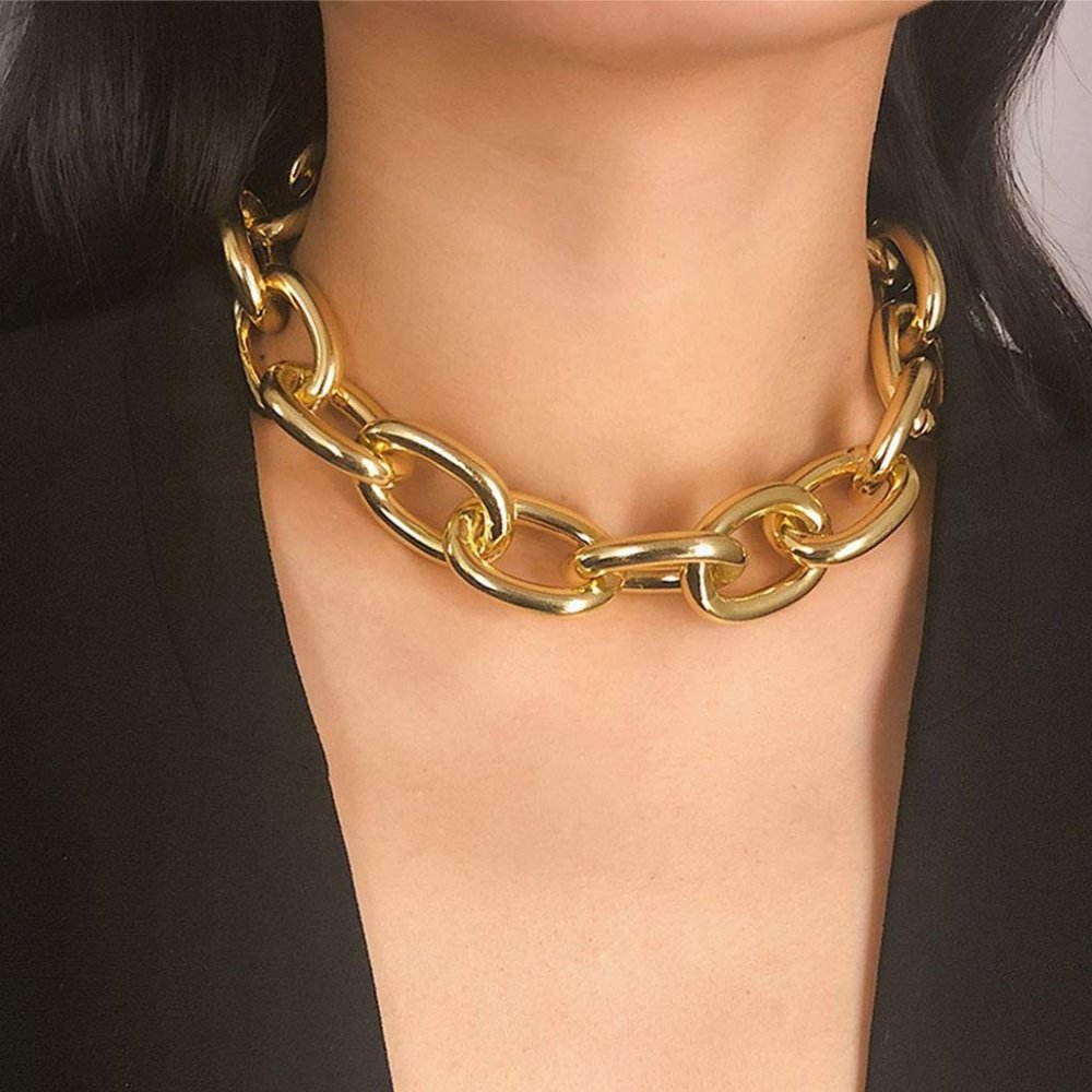 Chunky Choker Necklace Gold Cuban Link Chain Goldtone